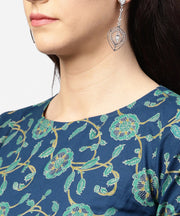 Blue printed 3/4th sleeve cotton low high kurta with blue printed dhoti