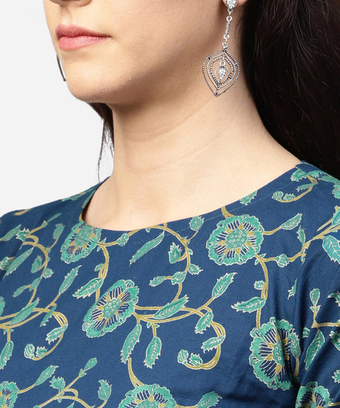 Blue printed 3/4th sleeve cotton low high kurta with blue printed dhoti