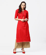 Red 3/4th sleeve dot printed cotton kurta with Beige pallazo