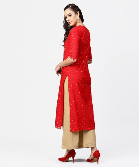 Red 3/4th sleeve dot printed cotton kurta with Beige pallazo