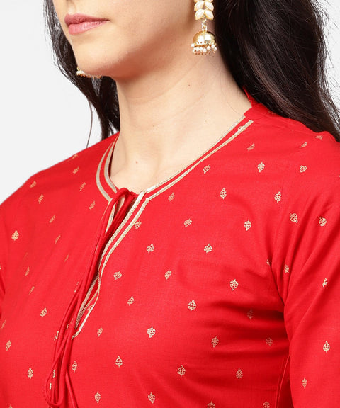 Red 3/4th sleeve dot printed cotton kurta with Beige pallazo