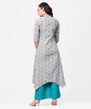 Blue 3/4th sleeve cotton printed assymetric kurta with ankle length pallazo