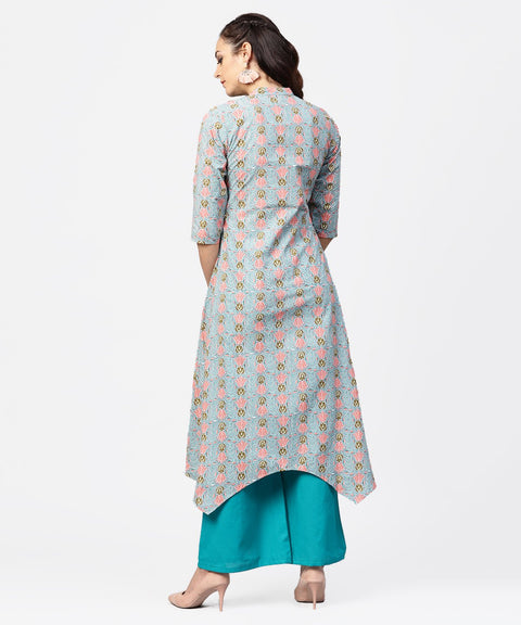 Blue 3/4th sleeve cotton printed assymetric kurta with ankle length pallazo