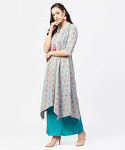 Blue 3/4th sleeve cotton printed assymetric kurta with ankle length pallazo