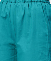 Blue 3/4th sleeve cotton printed assymetric kurta with ankle length pallazo