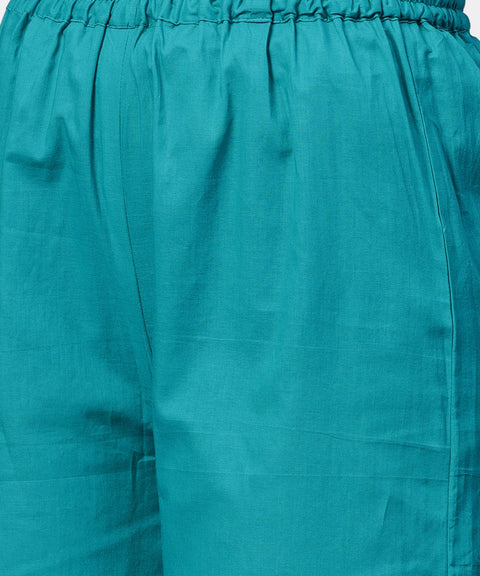 Blue 3/4th sleeve cotton printed assymetric kurta with ankle length pallazo