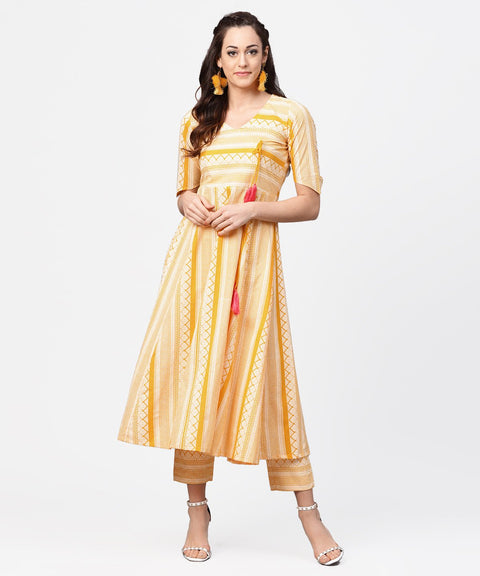 Yellow printed half slevee cotton A-line kurta with dori work with ankle length pant