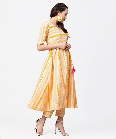 Yellow printed half slevee cotton A-line kurta with dori work with ankle length pant