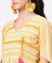 Yellow printed half slevee cotton A-line kurta with dori work with ankle length pant