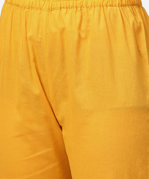 Yellow printed half slevee cotton A-line kurta with dori work with ankle length pant
