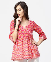 Red printed 3/4th sleeve angrakha style cotton tunic