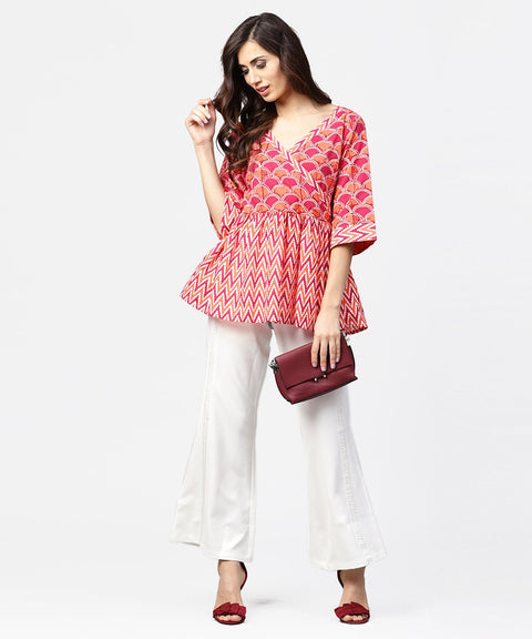 Red printed 3/4th sleeve angrakha style cotton tunic