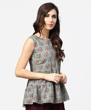 Green printed sleeveless cotton tiered style tunic