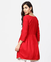 Red 3/4th sleeve angrakha style flared tunic with dori work