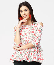 White & Red printed 3/4th cold shoulder sleeve layered tops