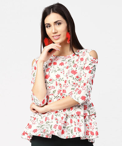 White & Red printed 3/4th cold shoulder sleeve layered tops