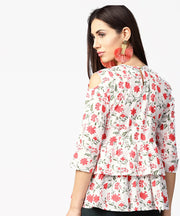 White & Red printed 3/4th cold shoulder sleeve layered tops