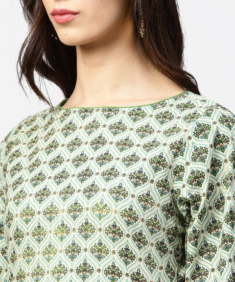 Green printed half sleeve cotton kurta with dori work on sleeves