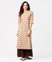 Off white printed half sleeve cotton straight kurta