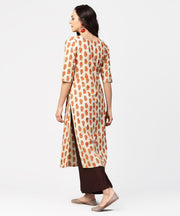 Off white printed half sleeve cotton straight kurta