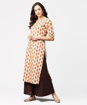 Off white printed half sleeve cotton straight kurta