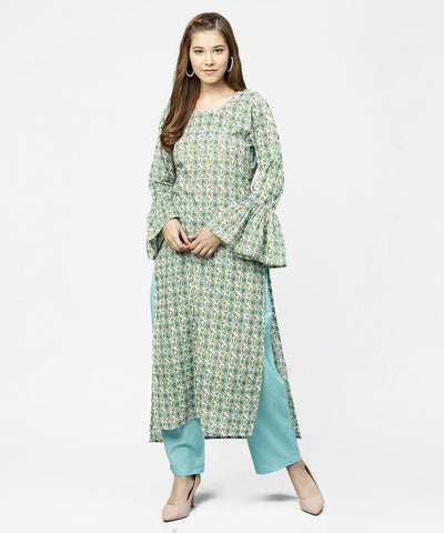 Green printed full sleeve cotton long straight kurta
