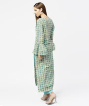 Green printed full sleeve cotton long straight kurta