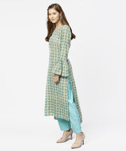Green printed full sleeve cotton long straight kurta
