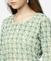 Green printed full sleeve cotton long straight kurta