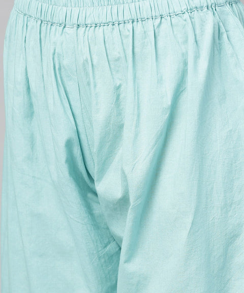 Green printed full sleeve cotton long straight kurta