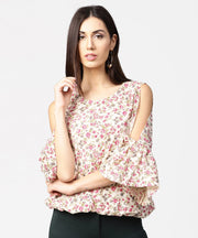 Off white full sleeve cold shoulder cotton tops