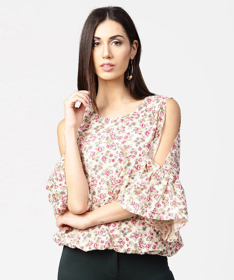 Off white full sleeve cold shoulder cotton tops