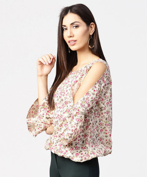 Off white full sleeve cold shoulder cotton tops