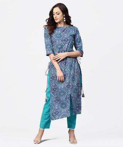 Blue geomatric print 3/4th sleeve cotton straight kurta