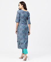 Blue geomatric print 3/4th sleeve cotton straight kurta