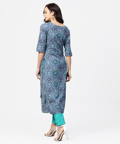Blue geomatric print 3/4th sleeve cotton straight kurta