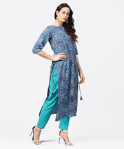 Blue geomatric print 3/4th sleeve cotton straight kurta