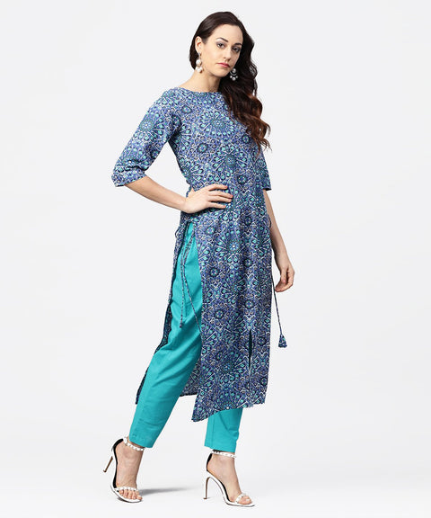 Blue geomatric print 3/4th sleeve cotton straight kurta