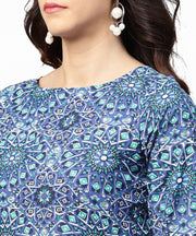 Blue geomatric print 3/4th sleeve cotton straight kurta