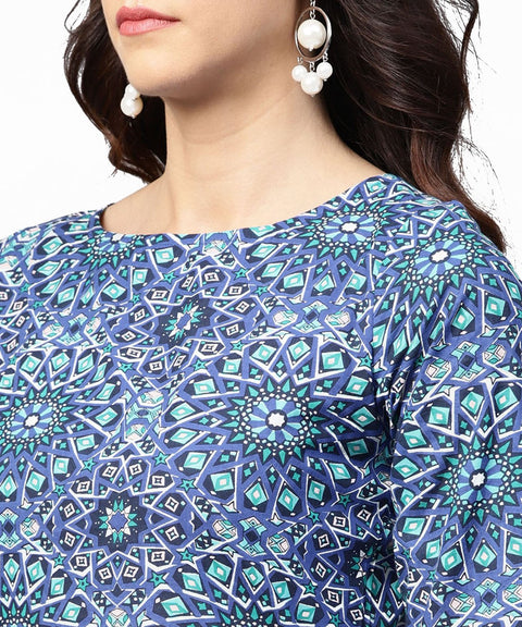 Blue geomatric print 3/4th sleeve cotton straight kurta