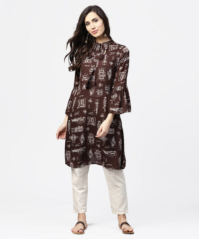 Dark coffee printed half sleeve cotton kurta