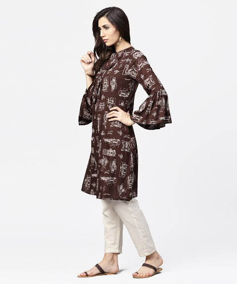 Dark coffee printed half sleeve cotton kurta