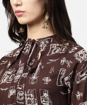 Dark coffee printed half sleeve cotton kurta