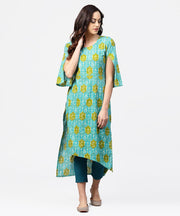Blue printed 3/4th sleeve cotton kurta