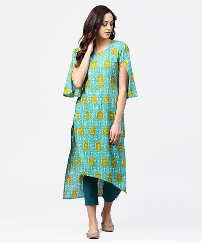 Blue printed 3/4th sleeve cotton kurta