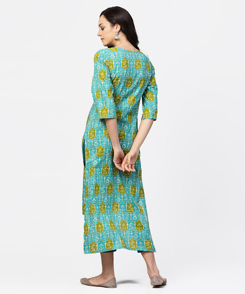 Blue printed 3/4th sleeve cotton kurta
