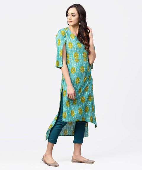 Blue printed 3/4th sleeve cotton kurta