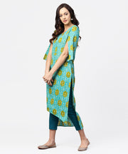 Blue printed 3/4th sleeve cotton kurta