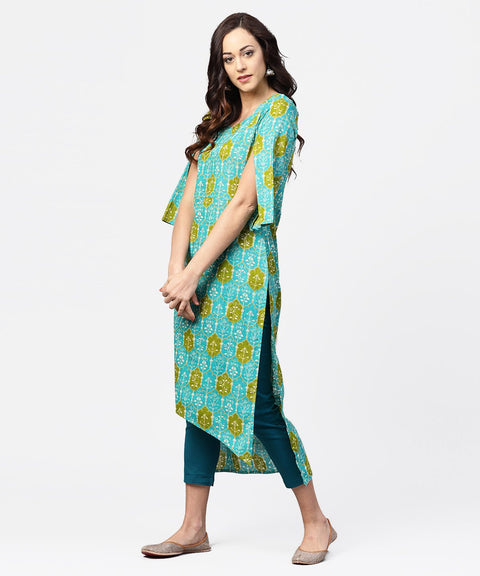 Blue printed 3/4th sleeve cotton kurta