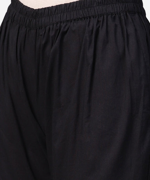 Black 3/4th sleeve cotton anarkali kurta with brocade at yoke with ankle length palazzo & dupatta